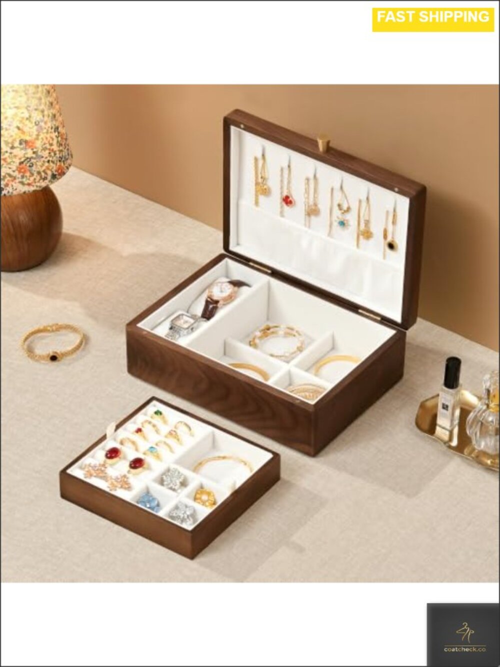 Solid Black Walnut Wooden Jewelry Box 2 Layer Necklace Organizer Case